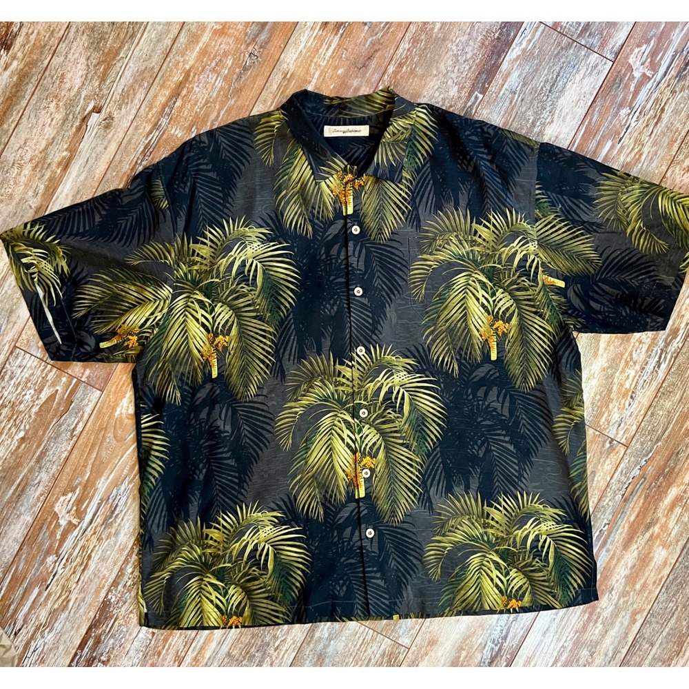 Tommy Bahama Mens XXL Black Silk Tropical Palm Tree Print Camp Shirt S. Sleeve